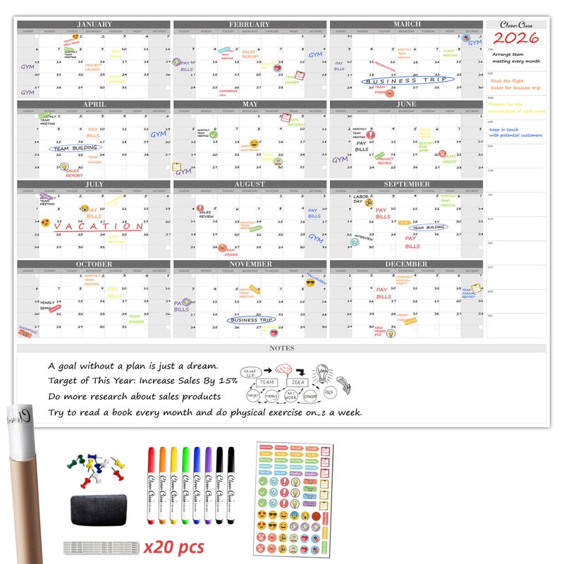 CLEVER CLEAN Large Dry Erase Wall Calendar - 48"x58" 12-month 2026 Undated Reusable Yearly Calendar for Home, Office, School Projects - Jumbo Laminated Task Organizer - Image 1